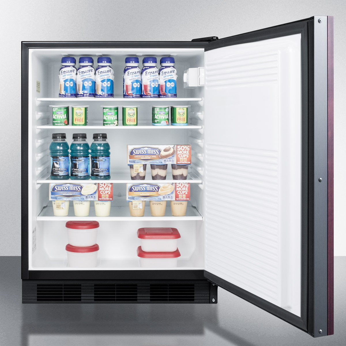 ADA compliant built-in undercounter all-refrigerator for general purpose use, auto defrost w/integrated door frame for custom overlay panels and black cabinet